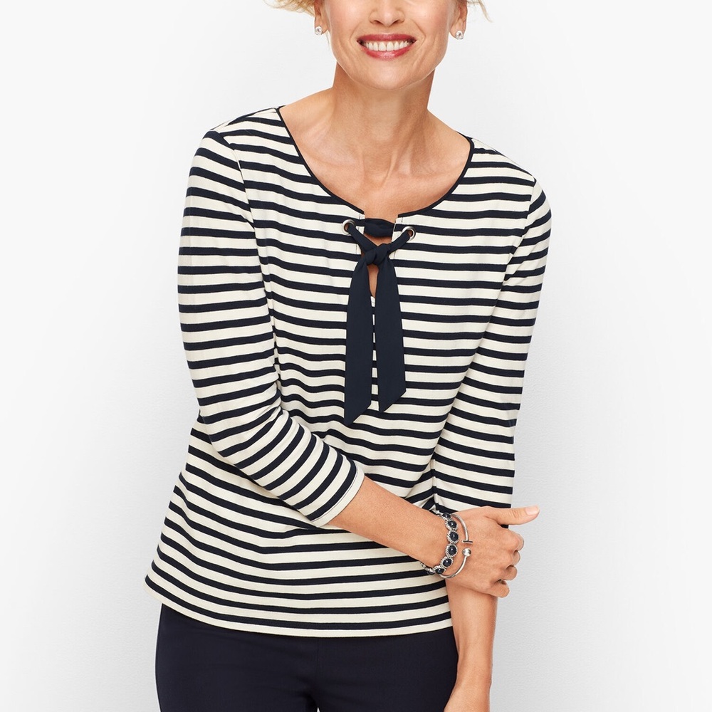 NWT Talbots Navy Stripped Tie Neck Tee Medium